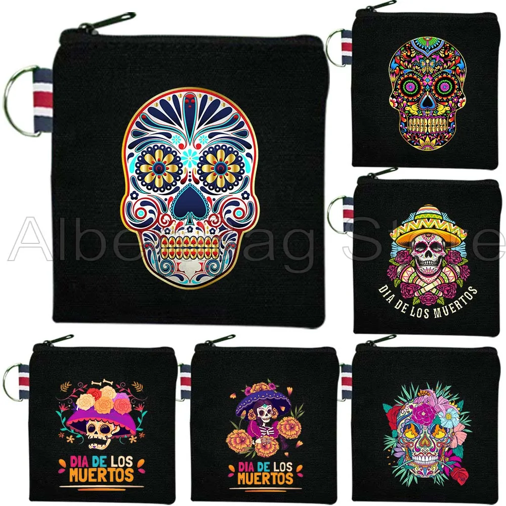 

Dia De Los Muertos Day of the Dead Girl Flower Mexican Skull Mexico Gift Canvas Coin Purse Bag Key Storage Card Bag Wallet Pouch