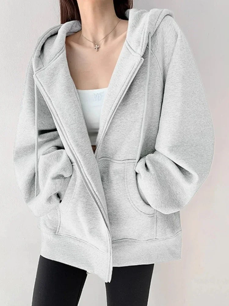 เสื้อคาร์ดิแกนแบบมีฮู้ดสีเทาสำหรับผู้หญิง แขนยาว สไตล์ลำลอง แจ็คเก็ตสปอร์ต แฟชั่นฤดูใบไม้ร่วงและฤดูหนาว ใช้งานได้หลากหลาย