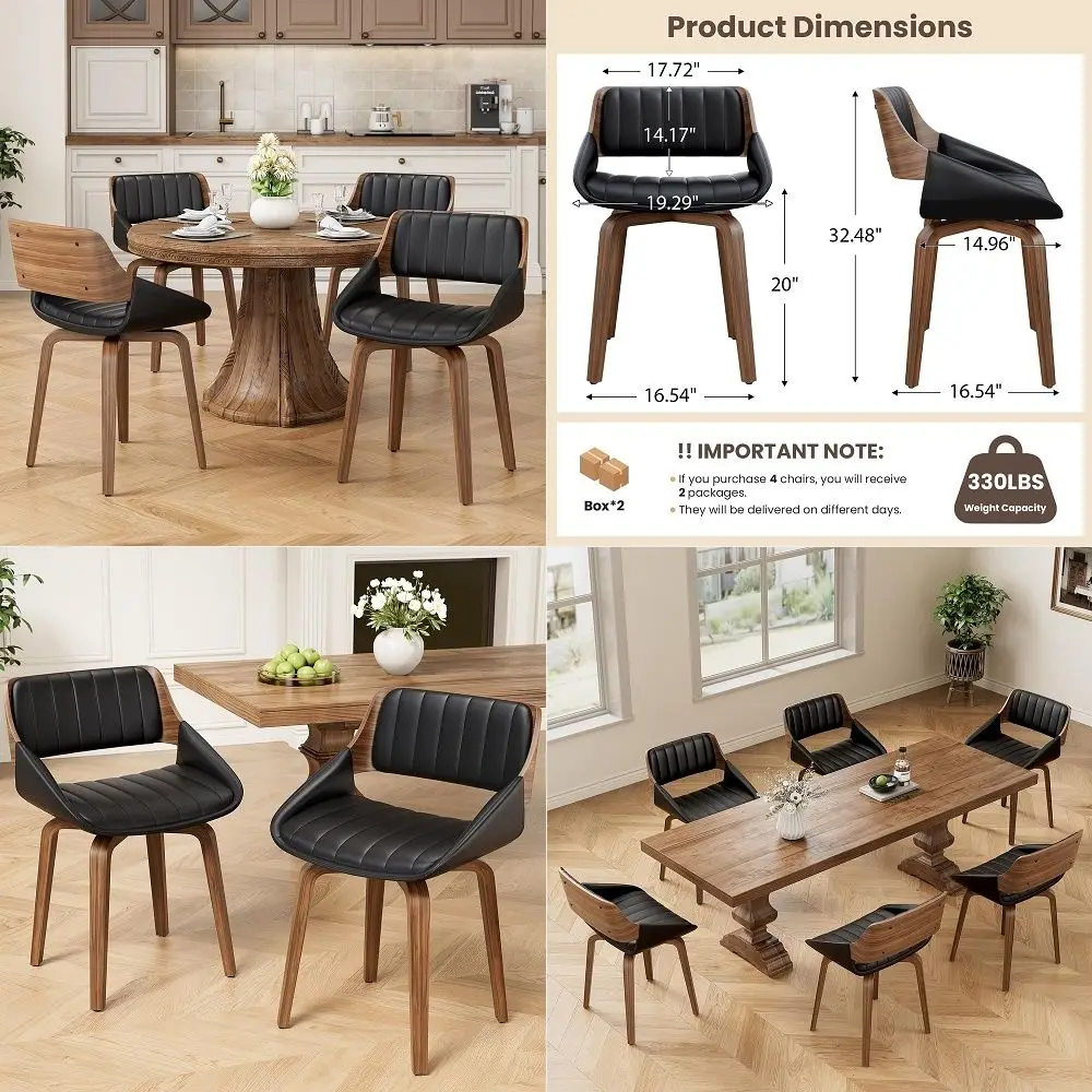 

360 Swivel Dining Chairs Set of 4, Mid Century Modern Kitchen Chair with Walnut Bentwood Back and Legs, Upholstered PU Leather