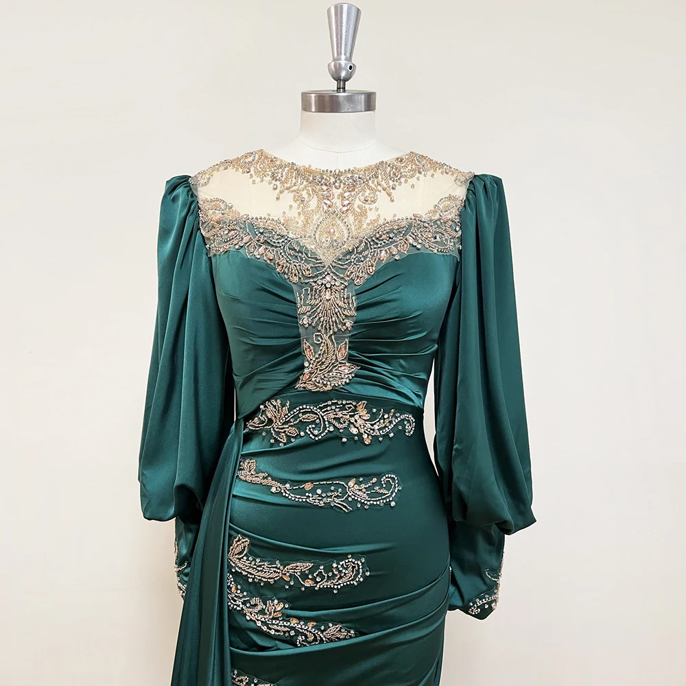 Elegant Emerald สีเขียว Muslin Evening Night ชุดผู้หญิง2022 O คอยาวแขน Mermaid อย่างเป็นทางการพรหม Gowns งานแต่งงาน