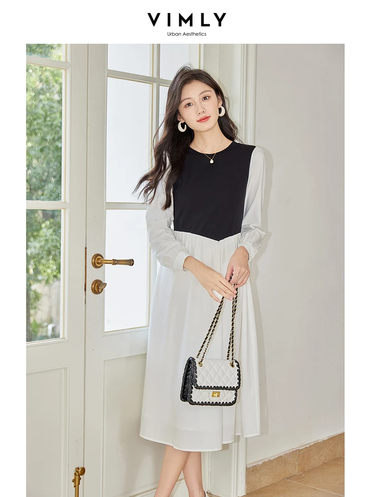 

Vimly Black White Contrast Dress for Women 2023 Autumn New In Lyocell Cotton Blend Long Sleeve A Line Midi Elegant Dresses M2883