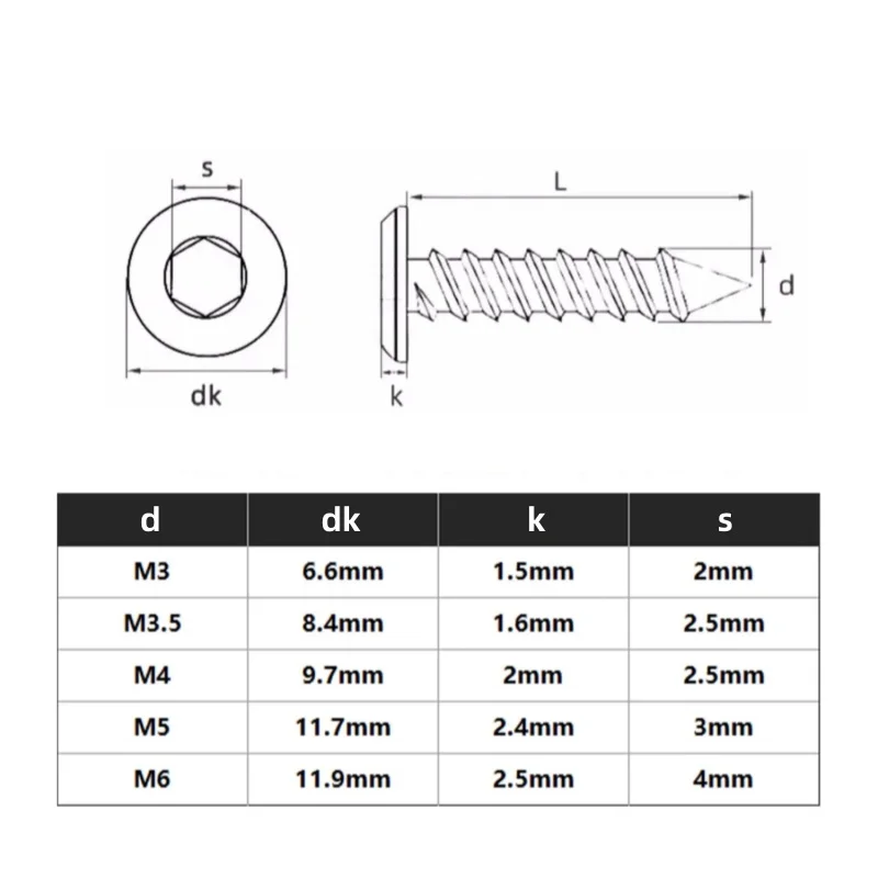 M3~M6 White Zinc Carbon Steel Hexagon Hex Socket Hypotenuse Flat Head Ultra Thin Flat Wafer Head Self Tapping Wood Screw
