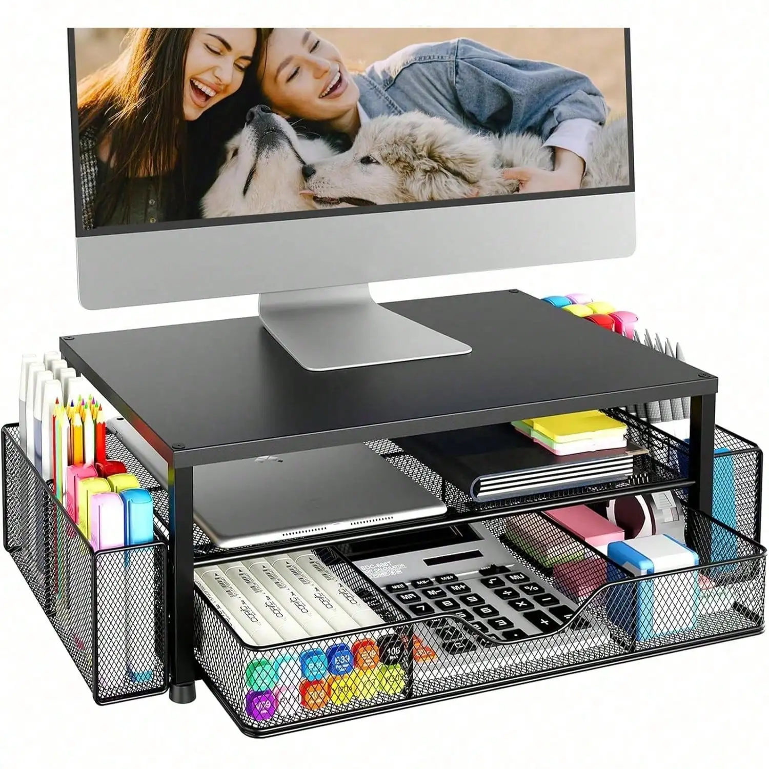 Desk Organizer And Accessories, 2-Tier Computer Monitor Stand Riser With Drawer And 2 Pen Holders, Laptop Stand, Office Desk Accessories For Office Supplies, Black.