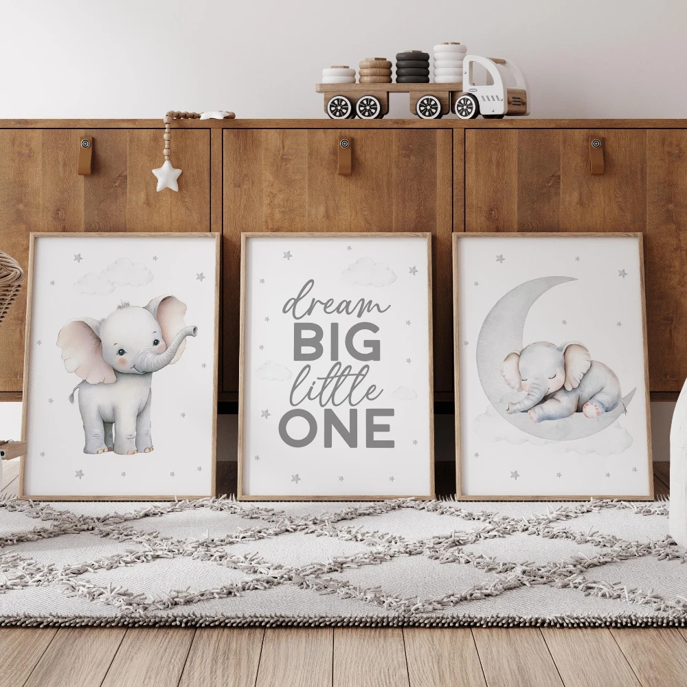 Baby Nursery Elephant Theme - لوحة قماشية بدون إطار، طقم من