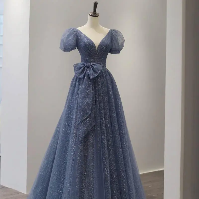 Luz azul vestido de noite de luxo 2025 outono novo estilo sonhador fada arte exame princesa vestido longo sonhador banquete vestido