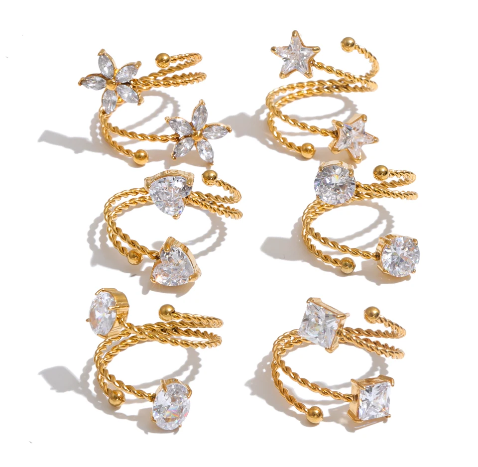 Yhpup Edelstahl Verstellbarer Manschettenring Sterne Blume Herz Zirkonia Mehrschichtig Modischer Goldener Fingerschmuck Geschenk – Detail 3