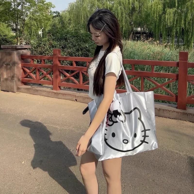 

New Hello Kitty Cartoon Shoulder Bag Cute Crossbody Bag Girl Student Canvas Bag Hot Large Capacity Shopping Bag School Bag