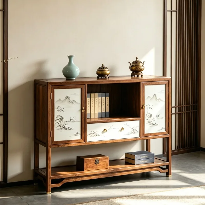 North American black walnut side cabinet ink landscape cabinet door solid wood entrance cabinet living room storage