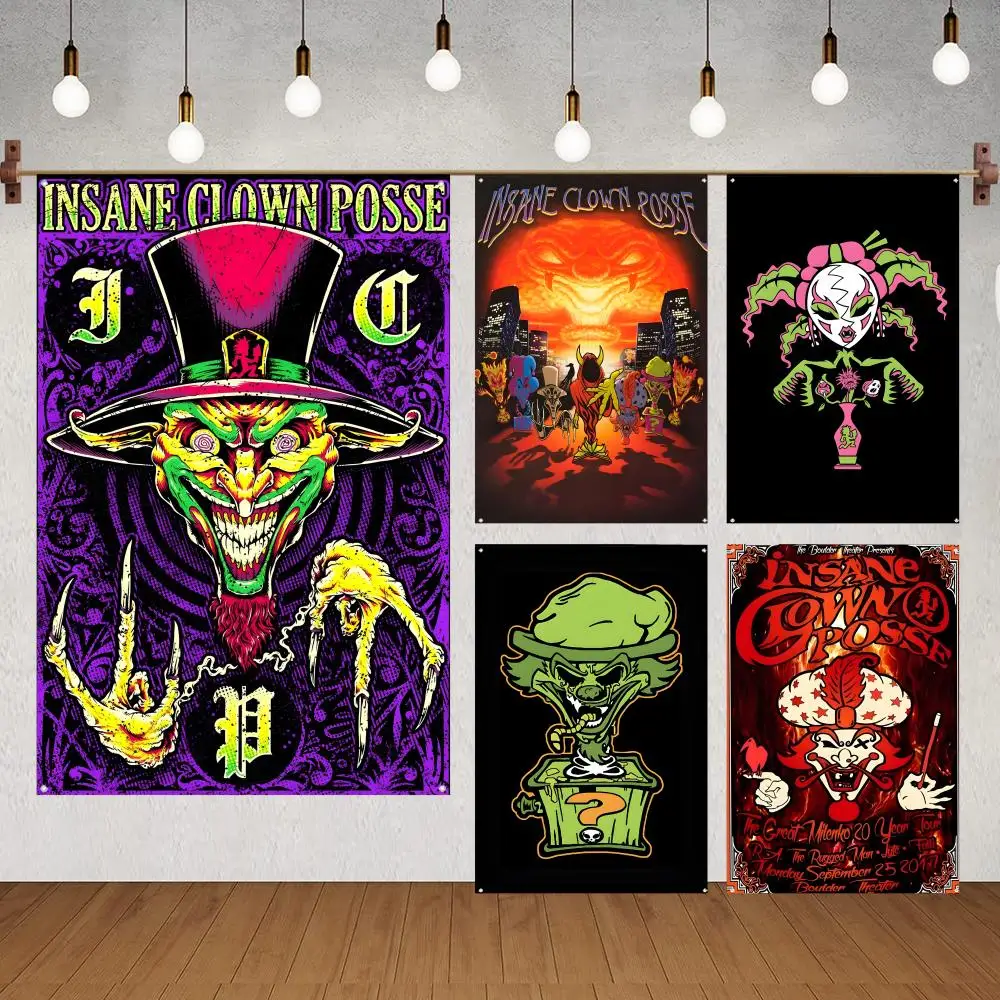 Flags for indoor decoration with no edging and four corner rings for easy hanging Insane Clown Posse band