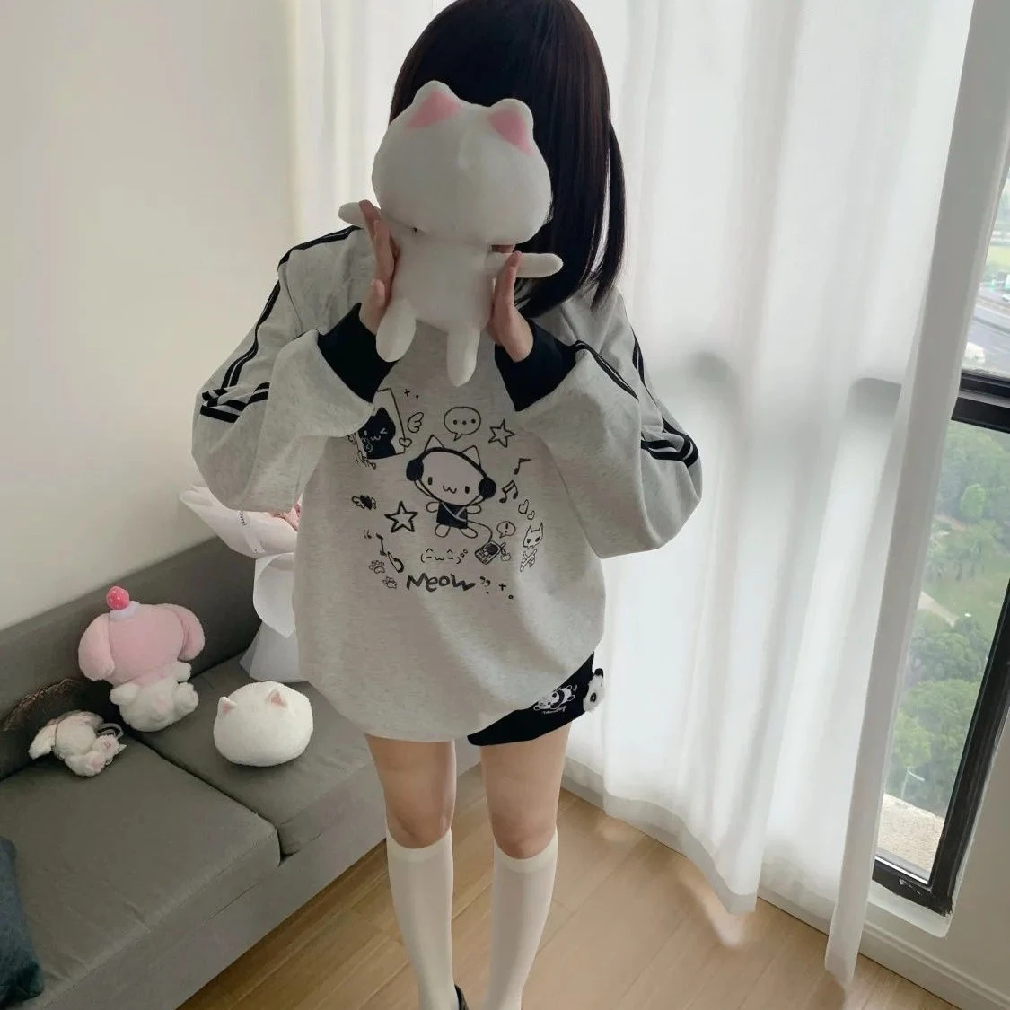 التباين اللون شريطية طويلة الأكمام البلوز الخريف اليابانية الخريف الشتاء الكرتون ثقافة فرعية الرياضة البلوز Y2k الجمالية