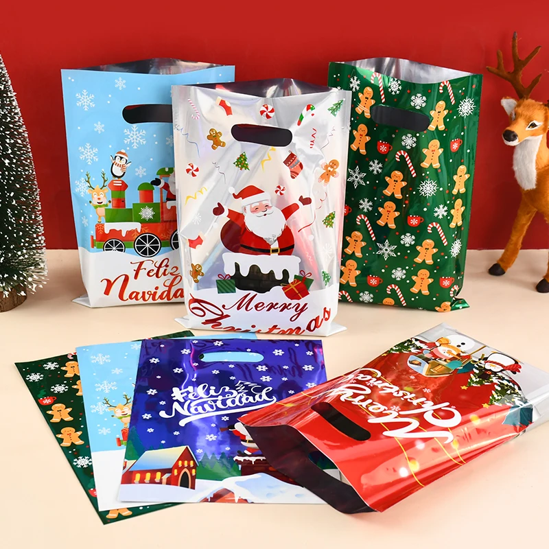 10pcs Christmas Candy Bags Cartoon Xmas Cookie Packaging Bag Santa Claus Plastic Gift Bag Party Decor Favors Gifts New Year 2025