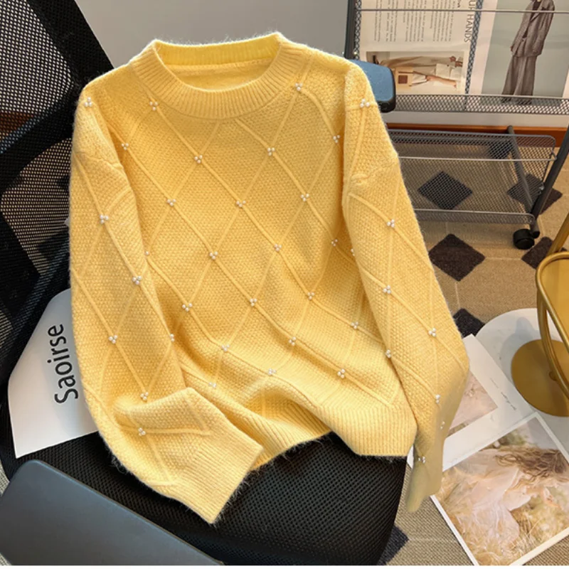 Atasan Sweater rajut wanita, pakaian kuning leher bulat lengan panjang warna kontras putih, Atasan musim dingin kasmir perempuan