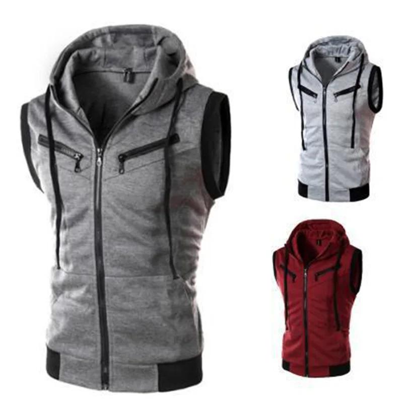 2023 primavera/estate Top da uomo con cappuccio canotta senza maniche gilet solido Casual con cappuccio tasca gilet con cerniera cappotto