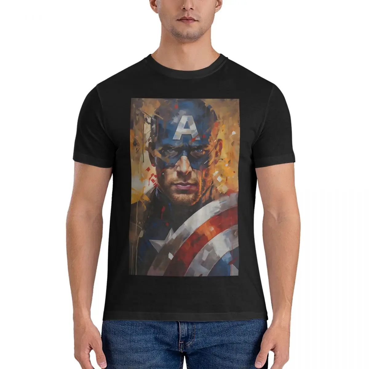 Men T-Shirt Captain America Painting Vintage Cotton Tee Shirt Short Sleeve Marvel Captain America T Shirt Crewneck Clothing