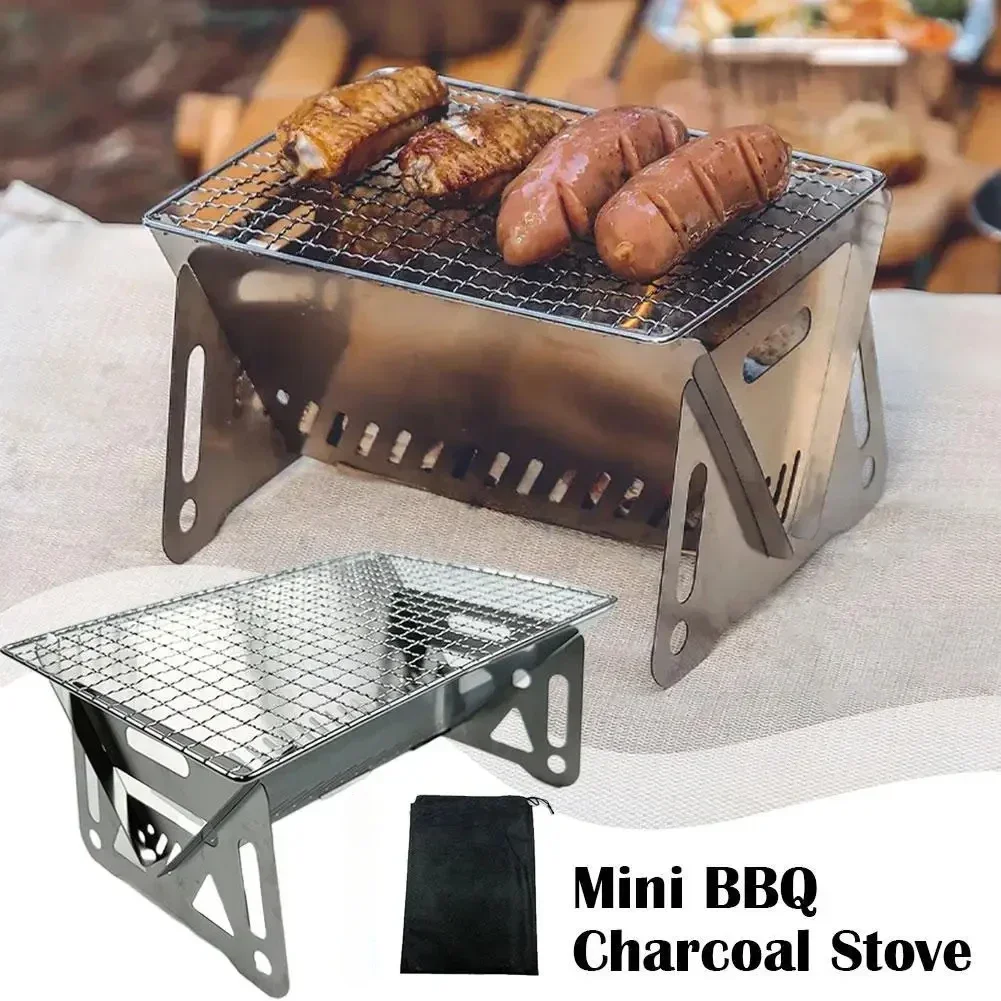 Outdoor Camping BBQ Grill Stainless Steel Folding Barbecue Grill Wood-burning Camping Stove Charcoal Grill Camping BBQ Equipment