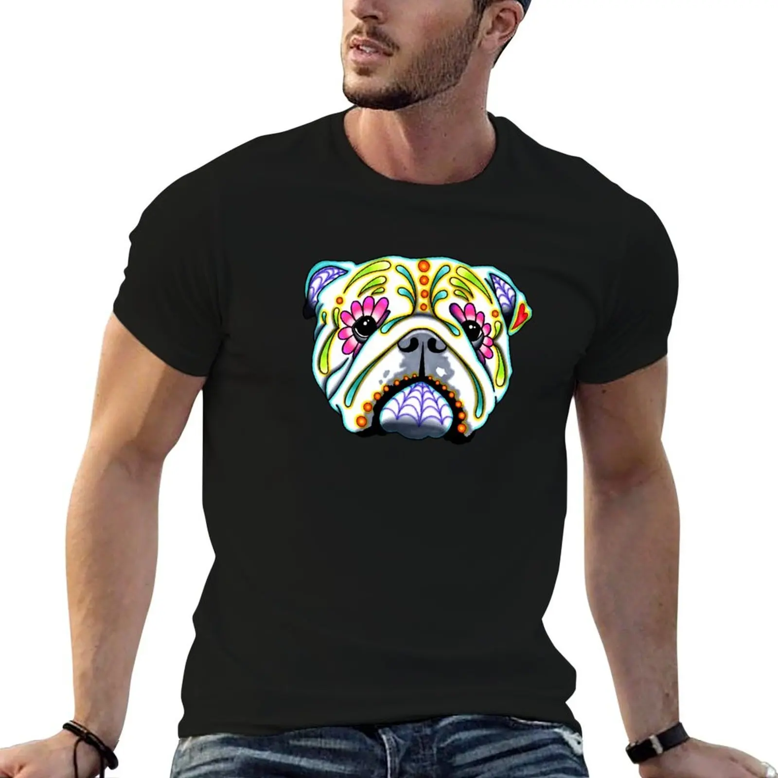 English Bulldog Day of the Dead Sugar Skull Dog T-Shirt Casual Minimalist Short Sleeve Top