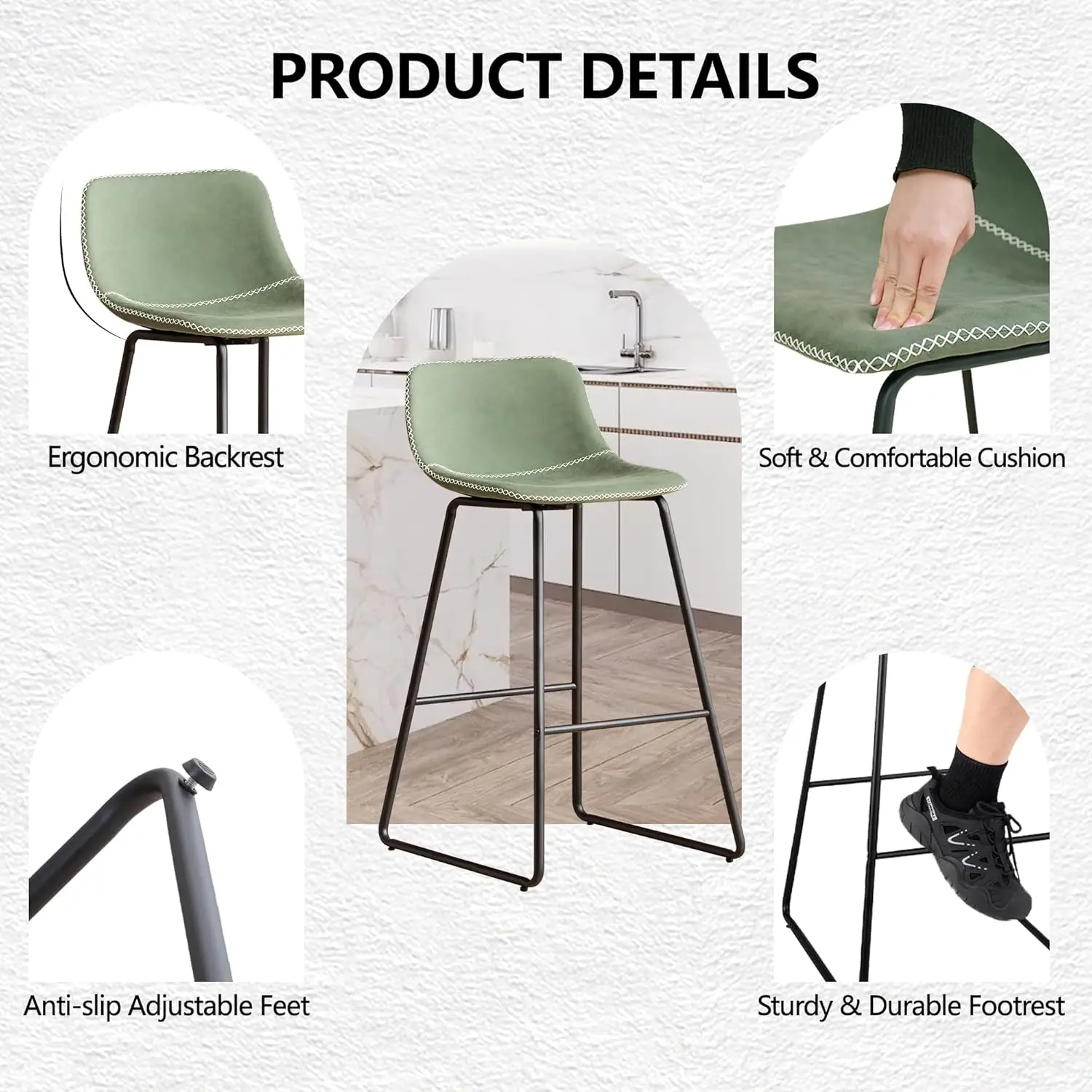 HeuGah สีเขียวเก้าอี้บาร์ชุด 3, 26 นิ้ว Barstools พร้อมขาโลหะหนัง Faux ความสูงเคาน์เตอร์บาร์เคาน์เตอร์สตูล