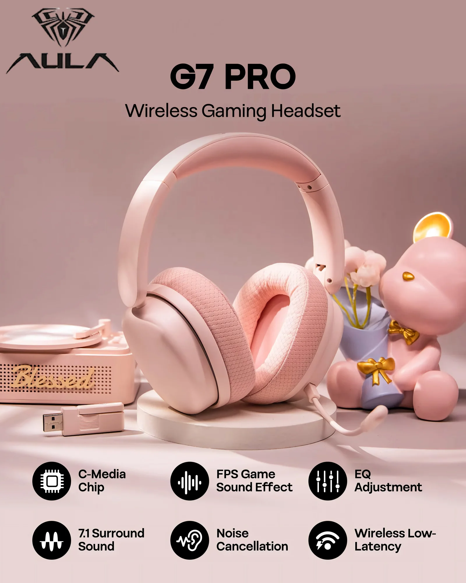 Gaming Headset With Mic Rgb - AULA G7 PRO Wired/Bluetooth/2.4GHz Wireless Gaming