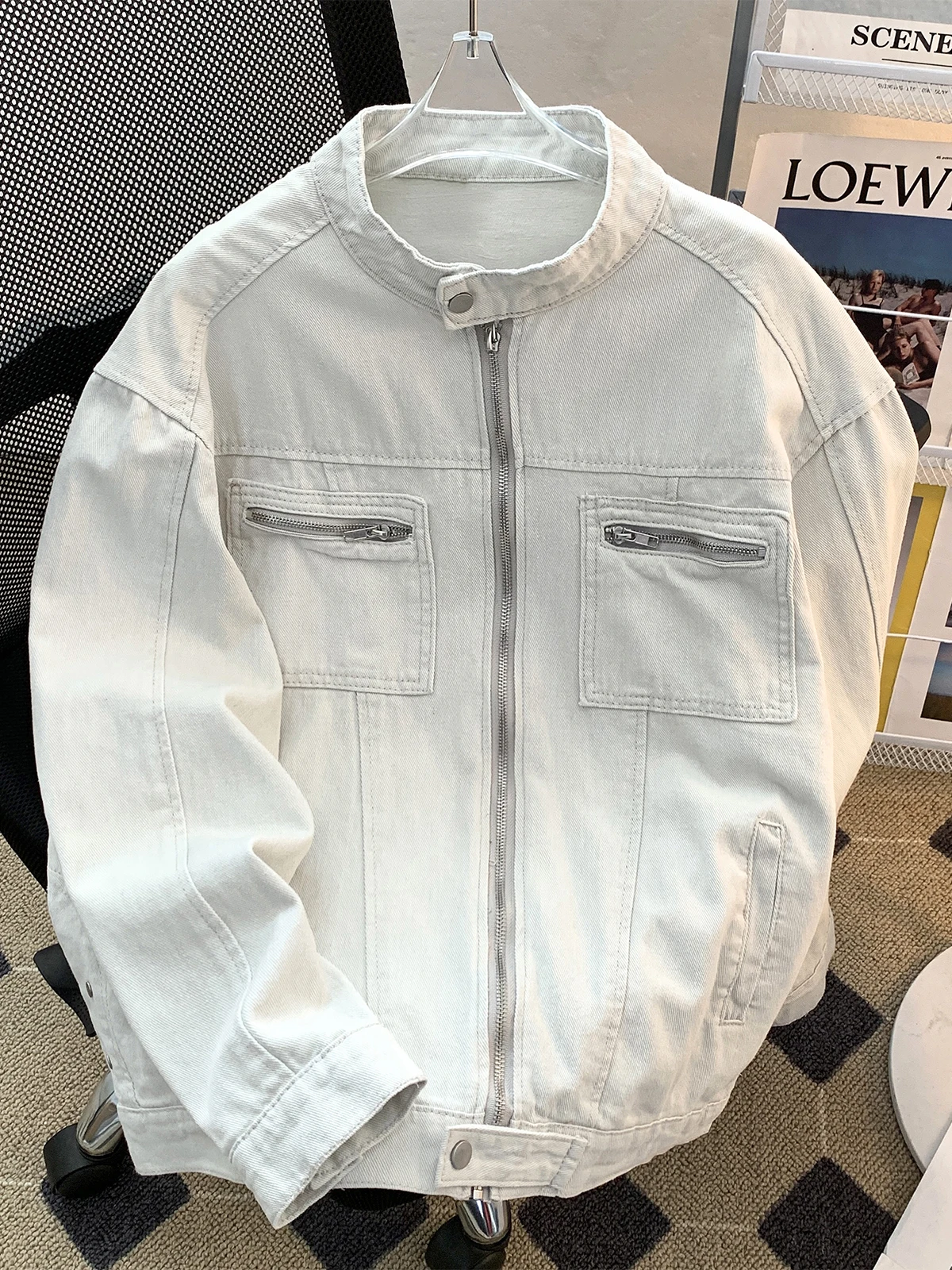 2026 New Men Washed Denim Jacket Spring Autumn Zipper Splicing White Cowboy Coat American Casual Fashion Retro Male Jackets