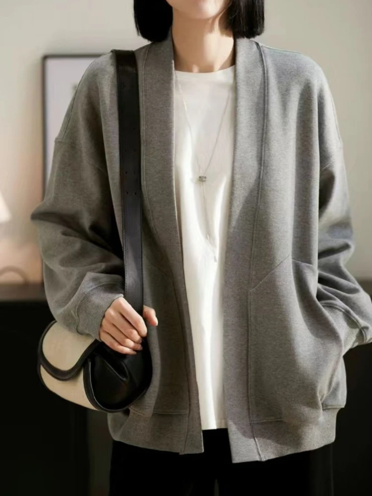 

2024 Autumn New Fashion V-neck Cardigan Grey Temperament Versatile Women Jacket Casual Loose Simple Comfort Solid Coat Women