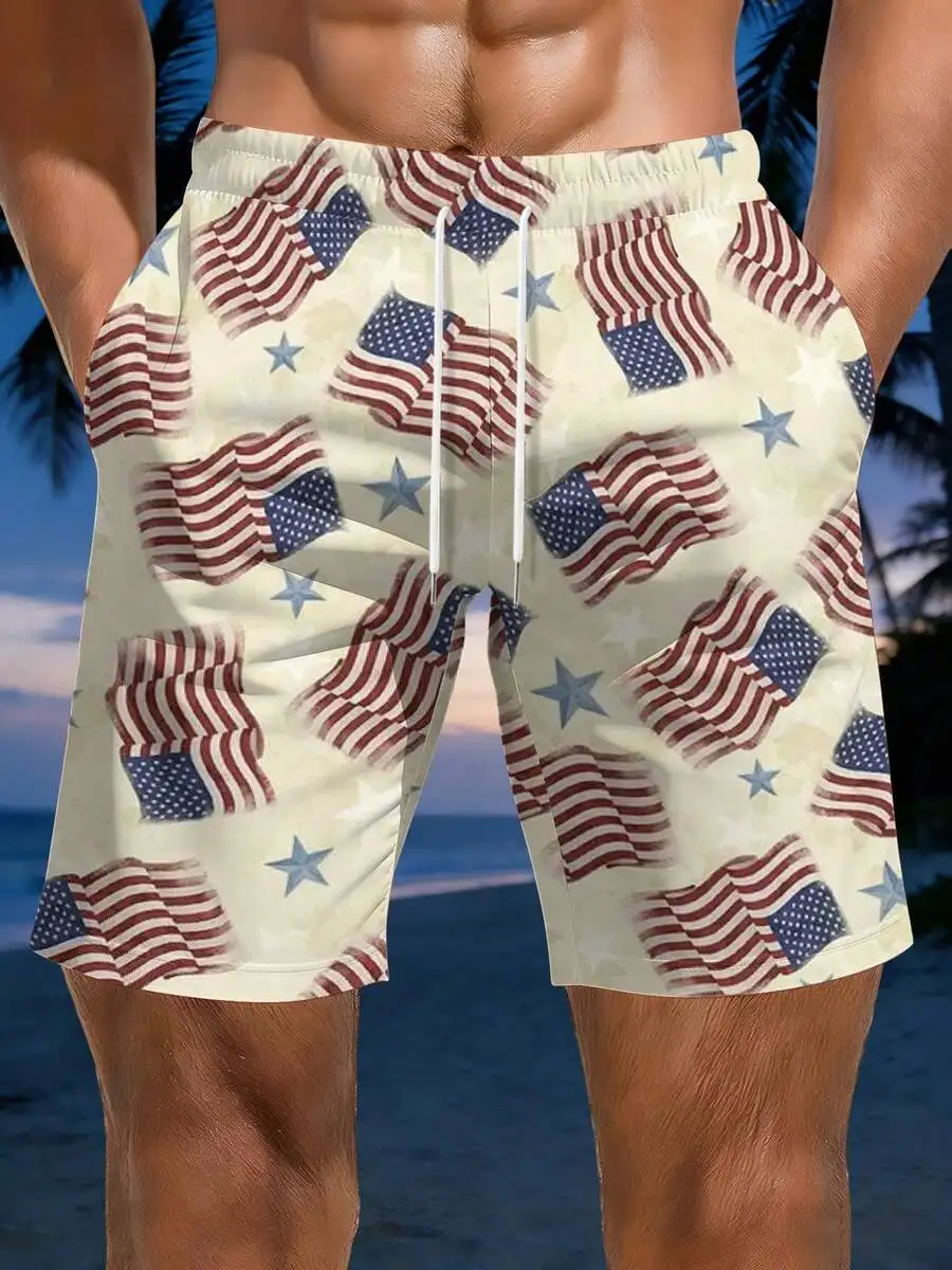 

American Flag Print Mens Beach Shorts Patriotic Stars And Stripes Casual Summer Outdoor Wear