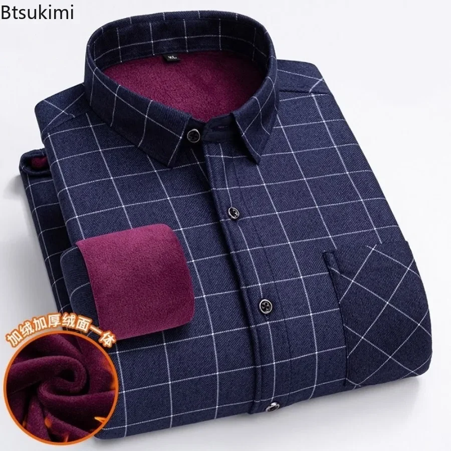 2024 Men's Casual Warm Flannel Shirts Top Autumn Winter Long Sleeve Plaid Shirt Thick Fleece Lined Soft Warm Dress Shirt L-5XL