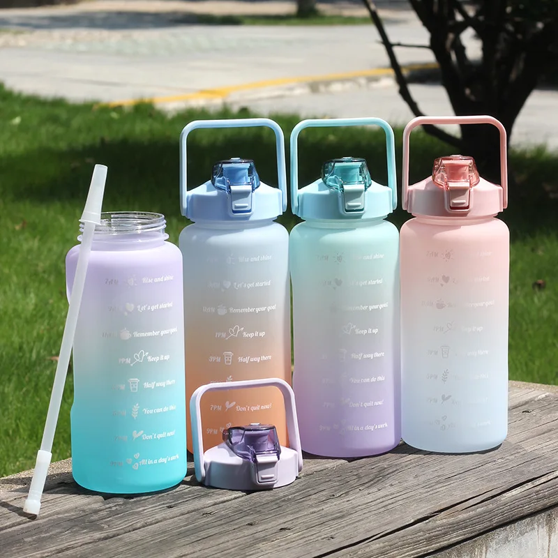 2L Large Capacity Water Bottle Straw Cup With Bounce Cover Time Scale Reminder Frosted Cup For Outdoor Sports Fitness