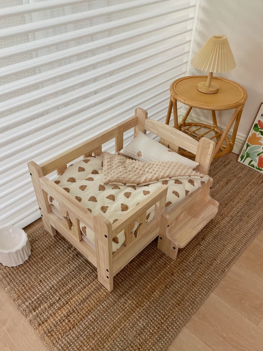 Pet Dog Cat Solid Wood Small Bed Medium And Small Dog Special Off The Ground Four Seasons Wooden Nest Stairs Princess Bed