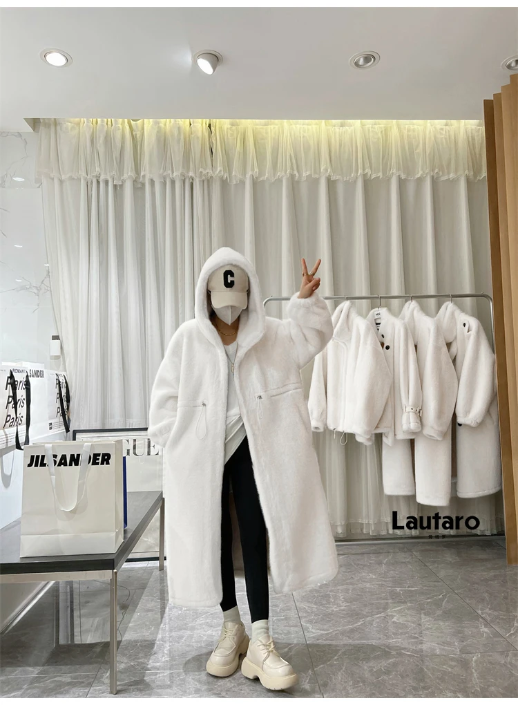 Lautaro Winter Long Oversized Warm Thick Blue White Fluffy Faux Fur Coat Women with Hood 2022 Loose Casual Korean Style Fashion