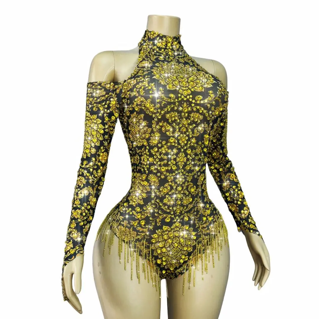 Women Sexy Spandex Elastic Dance Night Club Bodysuit Singer Stage Outfit Sparkly Rhinestone Long Sleeves Party Wear Jinhuaxu