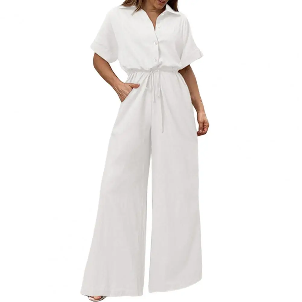 

Popular Ladies Overalls Short Sleeve Elegant Office Lady Overalls Turndown Collar Bow Jumpsuit