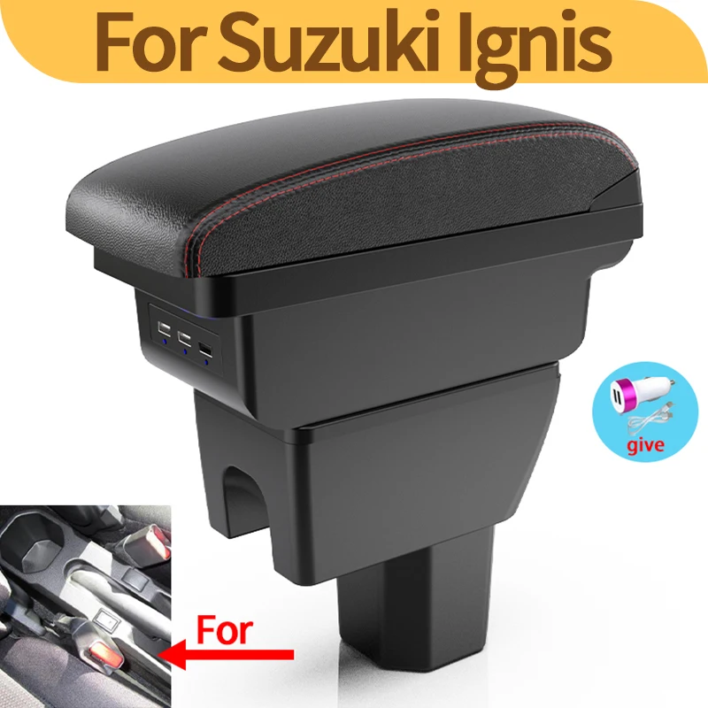 For Suzuki IGNIS car armrest modified interior heightened double-layer storage box USB accessories car decoration black