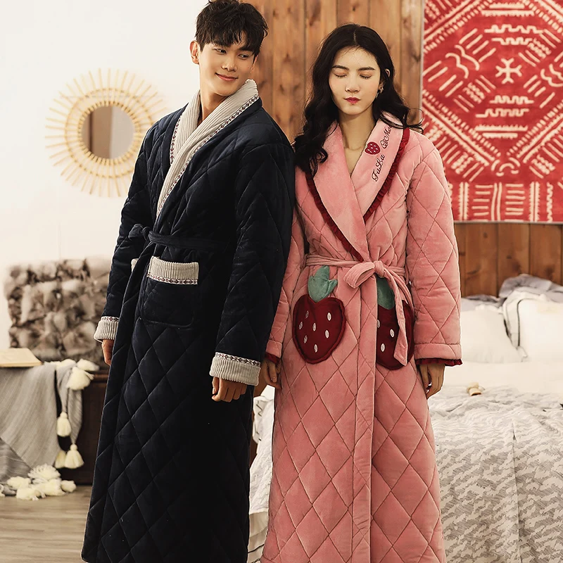 Couple Sleepwear Winter 3 layer Quilted Shawl Bathrobe Home Clothes Long Sleeved Robe Coat thick pijamas hombre robes 3XL