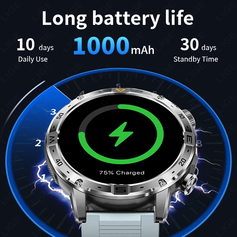 LIGE Relógio Inteligente Masculino Ao Ar Livre 1000mAh Bateria Lanterna LED Bússola Relógio 1.7 ''Grande Tela HD À Prova D 'Água Militar Smartwatch
