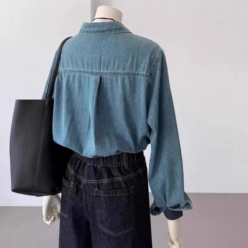 Camisa vaquera azul estilo Retro de Hong Kong diseño de otoño e invierno abrigo nuevo camisa Top