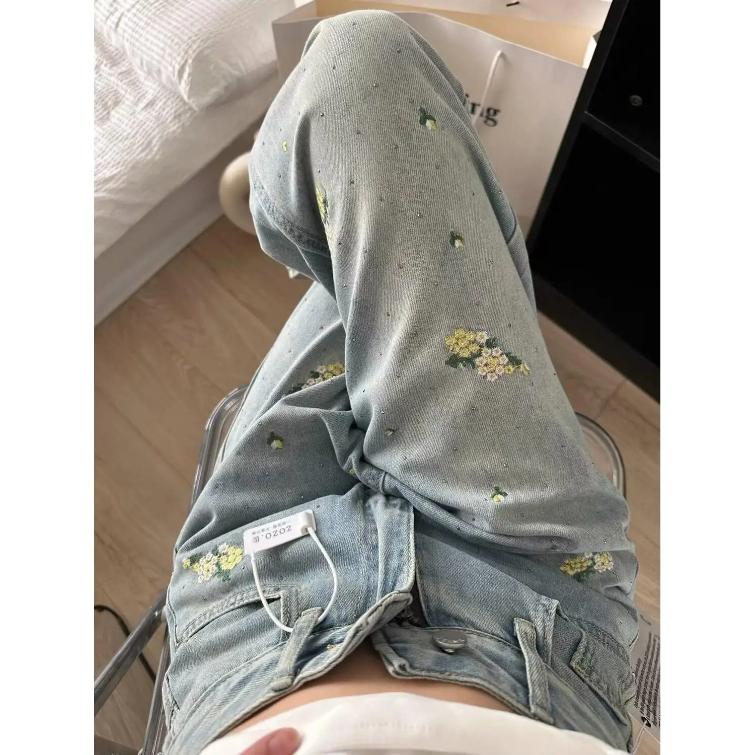 

High Waist Wide Leg Jeans Women's Straight Cut Spring Autumn New Style Big Size Fat MM Embroidered Small Flower Pants