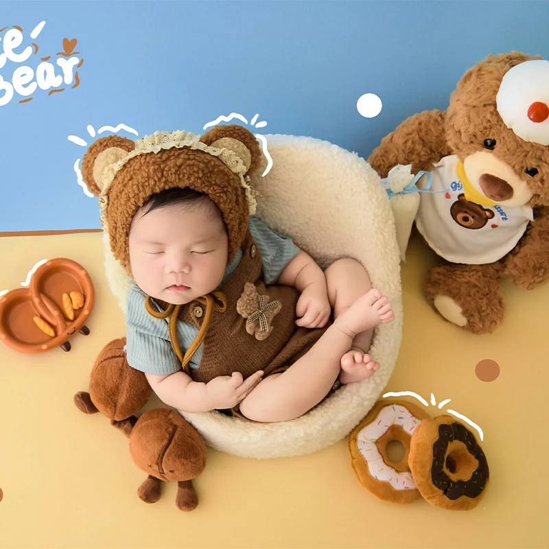 Newborn Photography Props Cute Baby Overalls Romper with Matching Hat and 30cm Plush Bear Doll Studio Photo Shooting Accessories