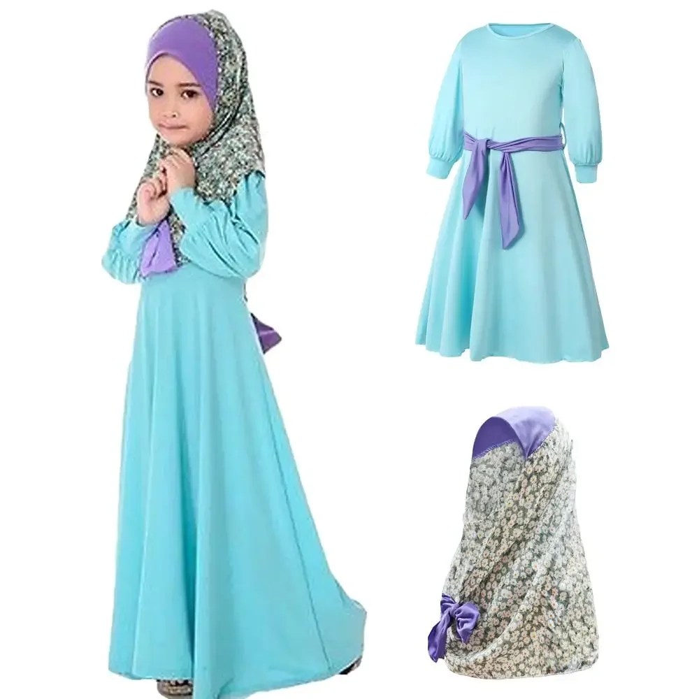 2Pcs Sets Muslim Kids Girls Prayer Dress Hijab Abaya Arabic Long Maxi Robe Headscarf Islamic Caftan Kaftan Children Ramadan Gown