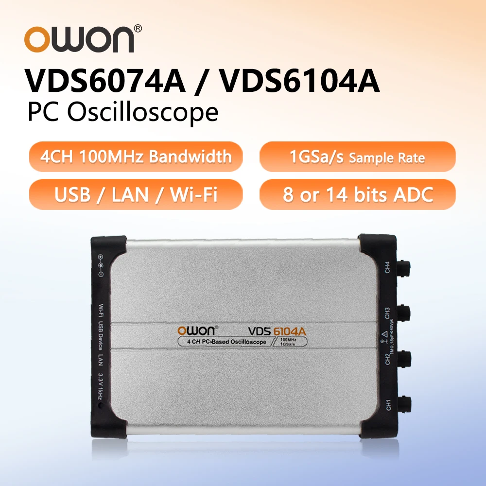 OWON VDS6074A VDS6104A 4CH PC Virtual Oscilloscope 100MHz 1GSa/s Sampling USB LAN WiFi Connection 8/14bit ADC High Resolution