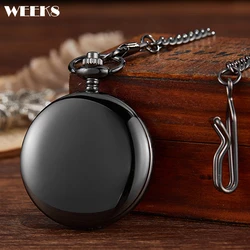 Antique Luxury Smooth Black Quartz Pocket Watch Men Women Necklace Pendant Fob Chain Steampunk Flip Clock for Carving Engraved