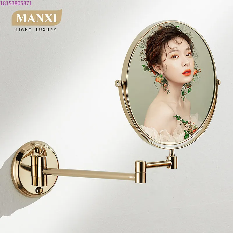 All copper telescopic mirror bathroom mirror folding mirror bathroom wall-mounted magnifying glass light luxury free punching