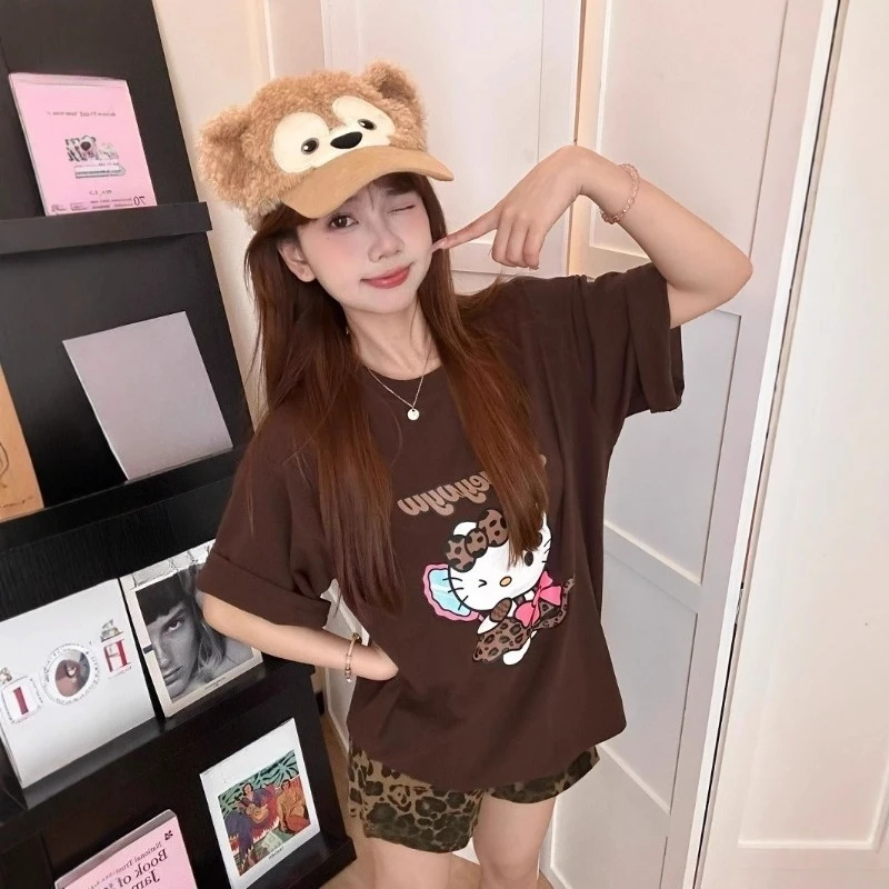ใหม่ Hello Kitty พิมพ์เสื้อยืดแขนสั้นชุดน่ารักอะนิเมะพิมพ์ผ้าฝ้ายเสื้อยืดเสือดาวพิมพ์กางเกงขาสั้นผู้หญิงเสื้อผ้า