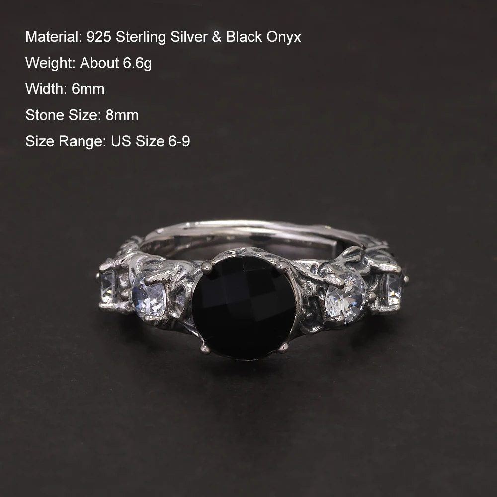 Anillo de compromiso de ónix negro redondo Vintage para mujer, Plata de Ley 925, piedra de ónix Natural, circón ajustable, joyería de alta calidad