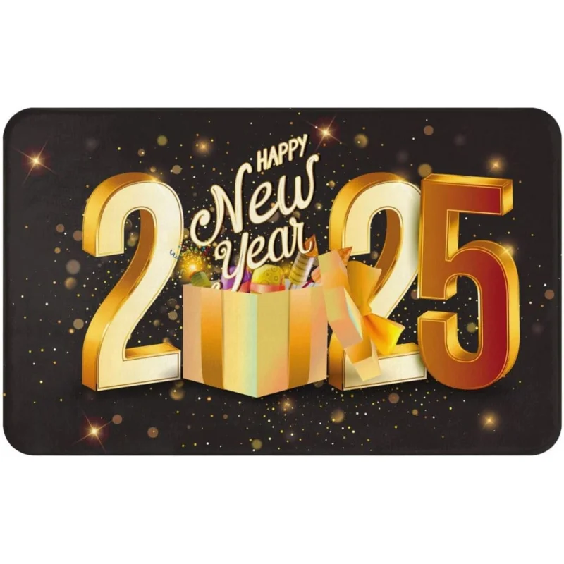 2025 Happy New Year By Mat Black Gold Font Indoor and Outdoor Decorative Floor Mat 61X90cm