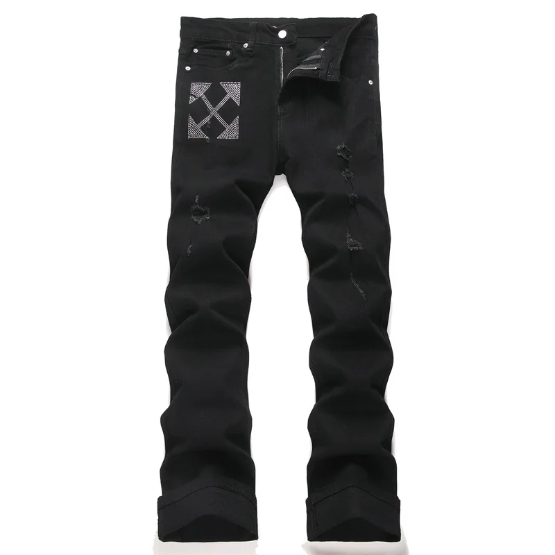 Men's Black Slim Fit Stretch Denim Jeans with Diamond Print Casual Cross-Border Flared Trousers