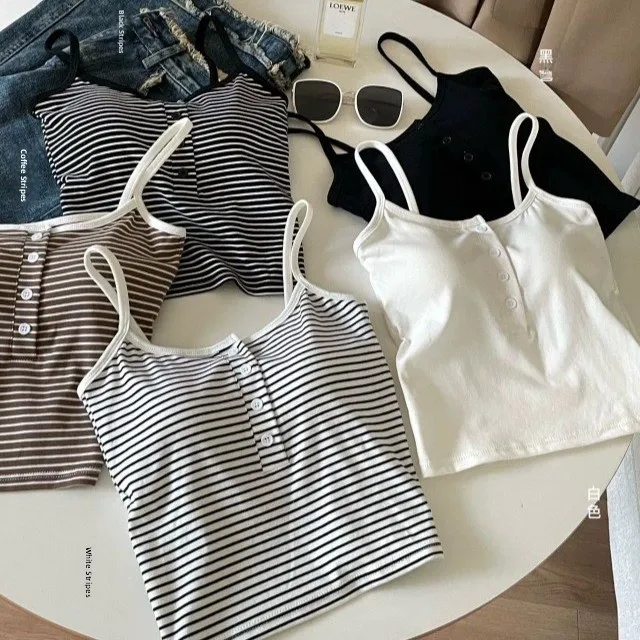 Integrated Sports Vest Women's Outerwear Inner Matchings Striped Button Design Adjustable Strap No Bra Needed Short Style