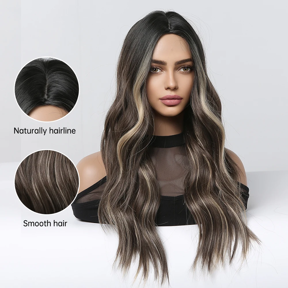 ALAN EATON Long Ombre Brown Synthetic Wig Brown Highlight Middle Part Hair Wig for Women Daily Use Natural Heat Resistant Fiber