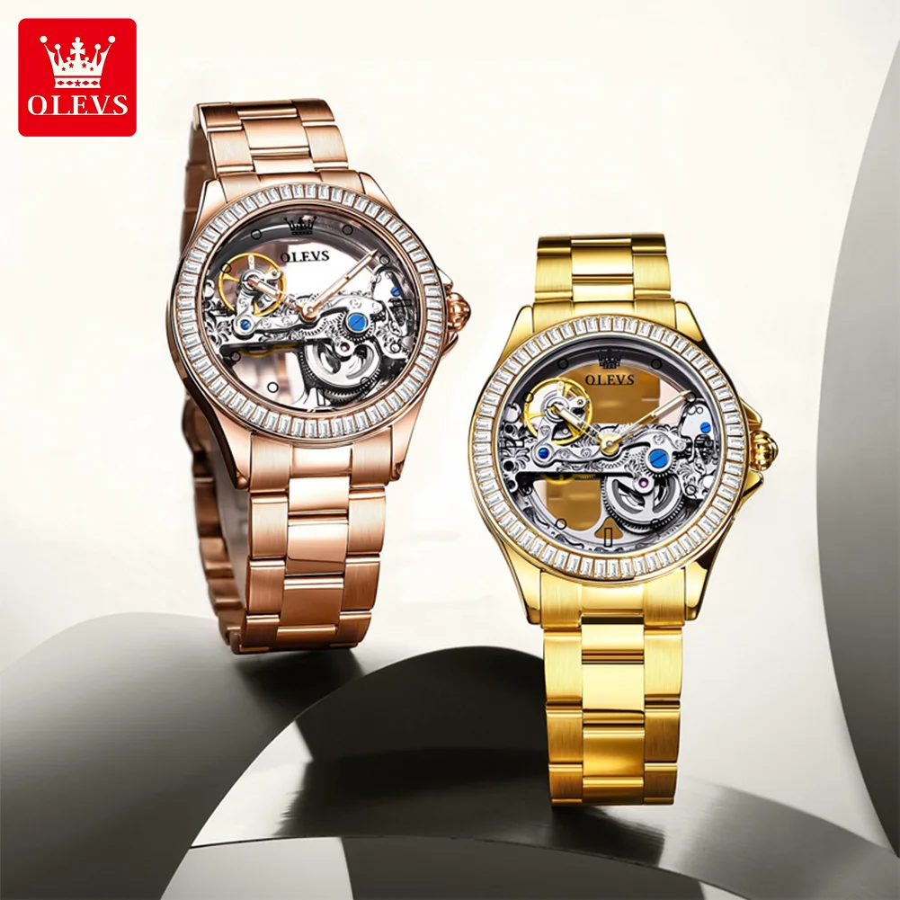 OLEVS Brand New Women Automatic Mechanical Watch Luxury Brand Elegant Ladies Clock Rose Gold Stainless Steel Skeleton WristWatch