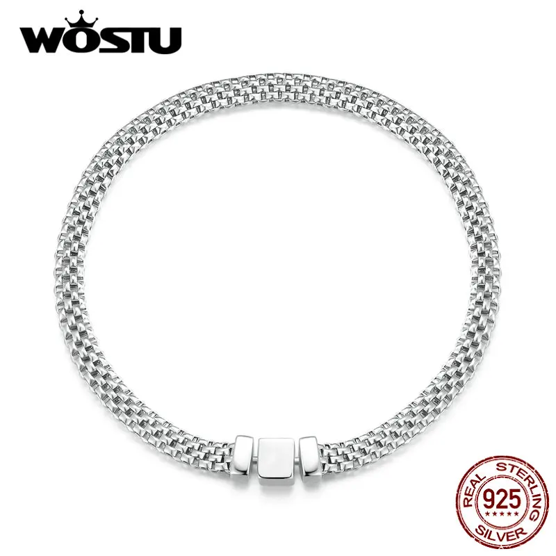 WOSTU 925 Sterling Silver European Simple Knitted Mesh Bracelets For Women Fashion Chain Luxury Wrist Jewelry Wedding Gift B124