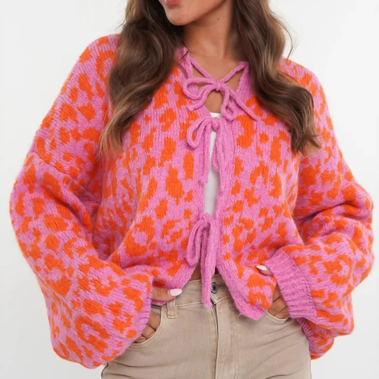 

2025 Autumn Winter New Loose Color-Block Striped Ribbed Embroidered Lace-Up Knitted Cardigan for Women